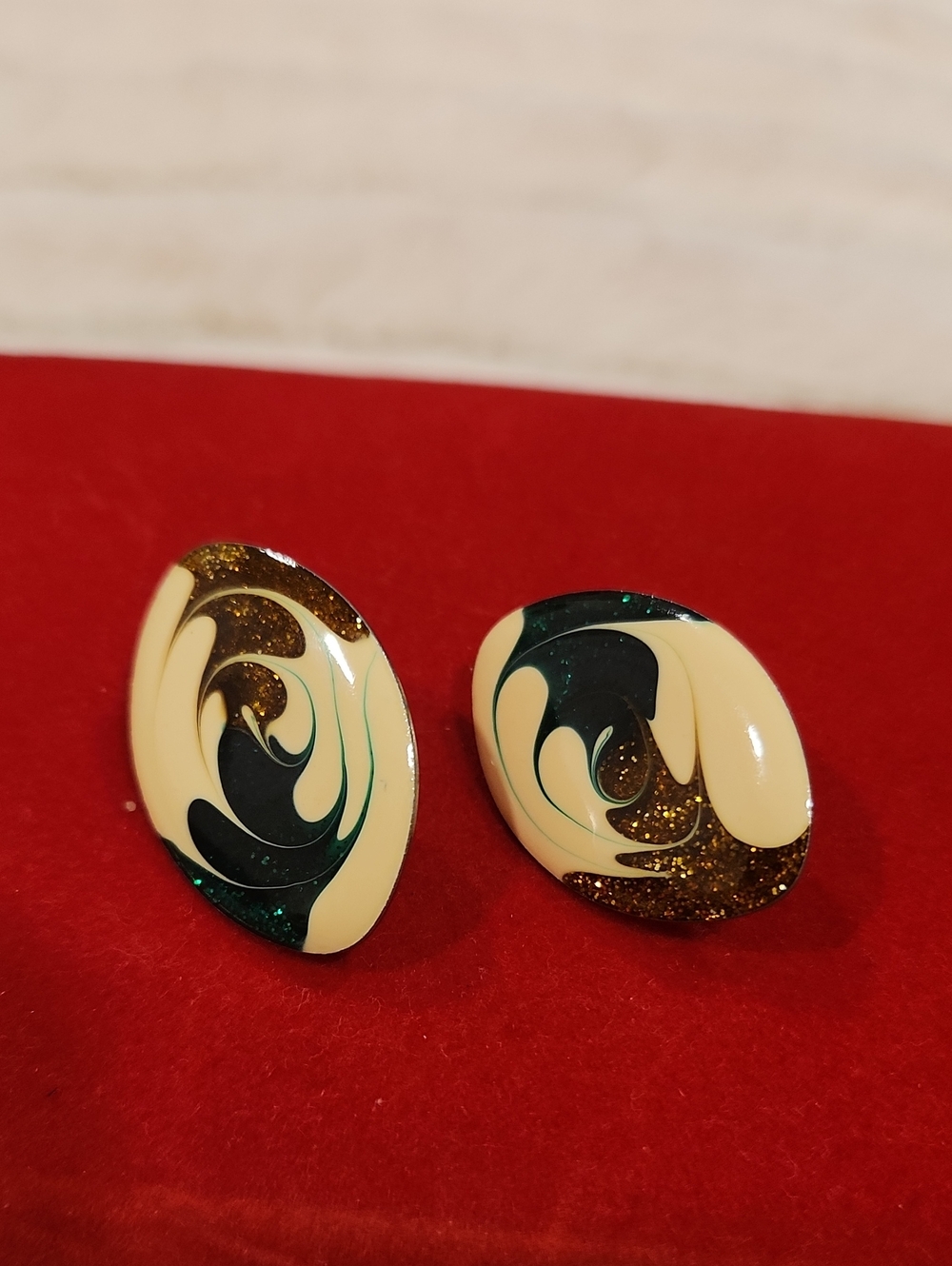 Cream and Teal Swirl Resin Clip-On Earrings